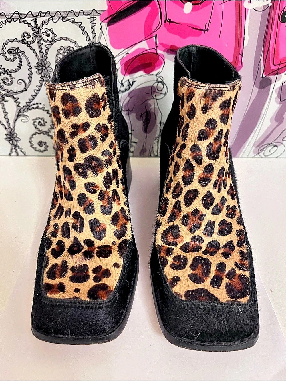 Bruno Valenti "Marcella" Leopard Square Toe Block Heel Ankle Boots 7.5M
